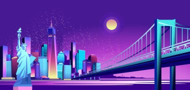 Vektör yatay çizim Anıtı alanına Kanal genelinde tarafından neon ışıkları, ışıklı gece Amerikan city arka plan üzerine bir köprü düzenlenen