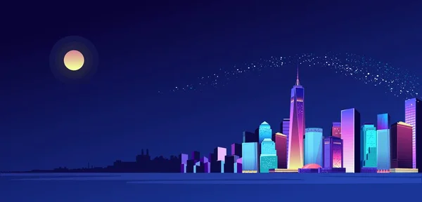 Vektorové Ilustrace Panoramatu Města Velké Noci Osvětlené Neony Moderní Budovy — Stockový vektor