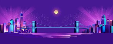 büyük bir köprü ek iş maruz şehrin iki ilçesinden bağlayan gece cityscape kanal aracılığıyla vektör yatay çizim geçer