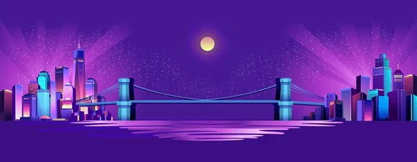 矢量水平例证夜城市风景通过运河通过连接城市的二个区的一座巨大的桥梁 暴露在月光下 — 图库矢量图片