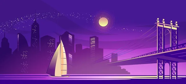 Vector Horizontal Ilustración Una Silueta Una Ciudad Niebla Nocturna Iluminada — Vector de stock