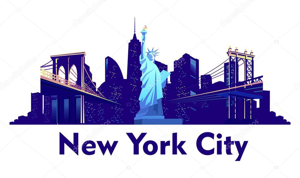 vector cartoon emblem of american city new york, statue of liberty on a background of skyscrapers isolated on white background, blue color