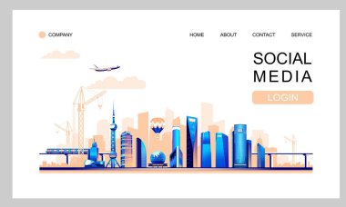 Akıllı Çin city Shanghai, altyapı, inşaat, ulaşım, kentsel binalar, gökdelenler ve fabrikaların siluetleri vektör çizim açılış, denize indirmek uzay roketleri ve Sanayi