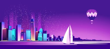 Neon ışıkları tarafından aydınlatılmış bir büyük gece şehir panoraması vektör Illustration. Modern binalar ve gökdelenler Waterfront, kentsel peyzaj