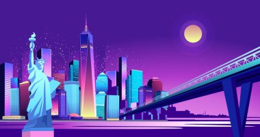 Vektör yatay çizim Anıtı alanına Kanal genelinde tarafından neon ışıkları, ışıklı gece Amerikan city arka plan üzerine bir köprü düzenlenen