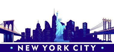 vektör karikatür amblemi Amerikan City new york, gökdelenler bir arka plan üzerinde özgürlük heykeli, mavi beyaz arka plan rengi üzerinde izole.