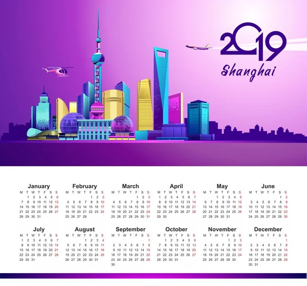上海の英語の夜ネオンのイメージと 2019年垂直カレンダー — ストックベクタ