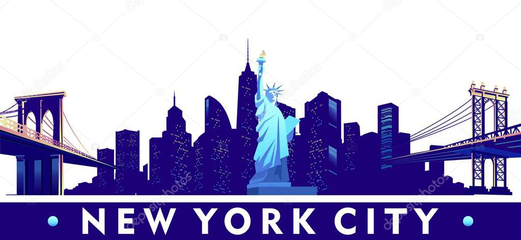 Vector cartoon emblem of american city new york, statue of liberty on a background of skyscrapers isolated on white background, blue color