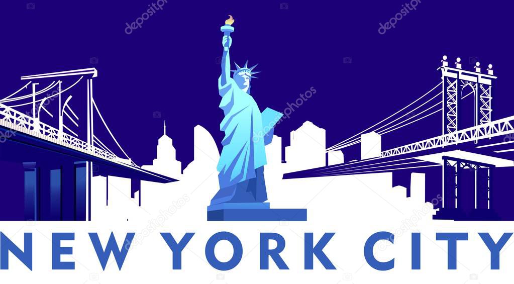 Vector cartoon emblem of american city new york, statue of liberty on a background of skyscrapers isolated on white background, blue color
