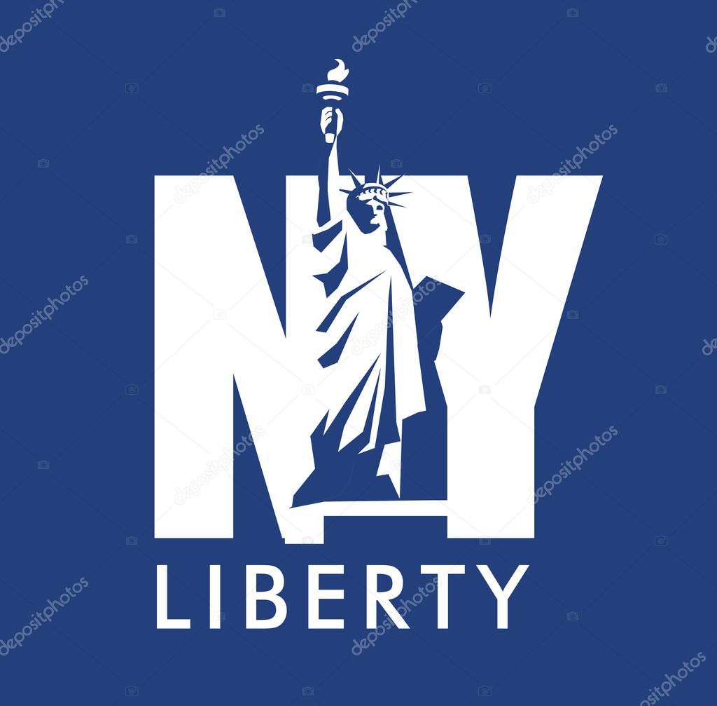 vector cartoon emblem of american city new york, statue of liberty on the background of abbreviation of letters NY isolated white on blue background