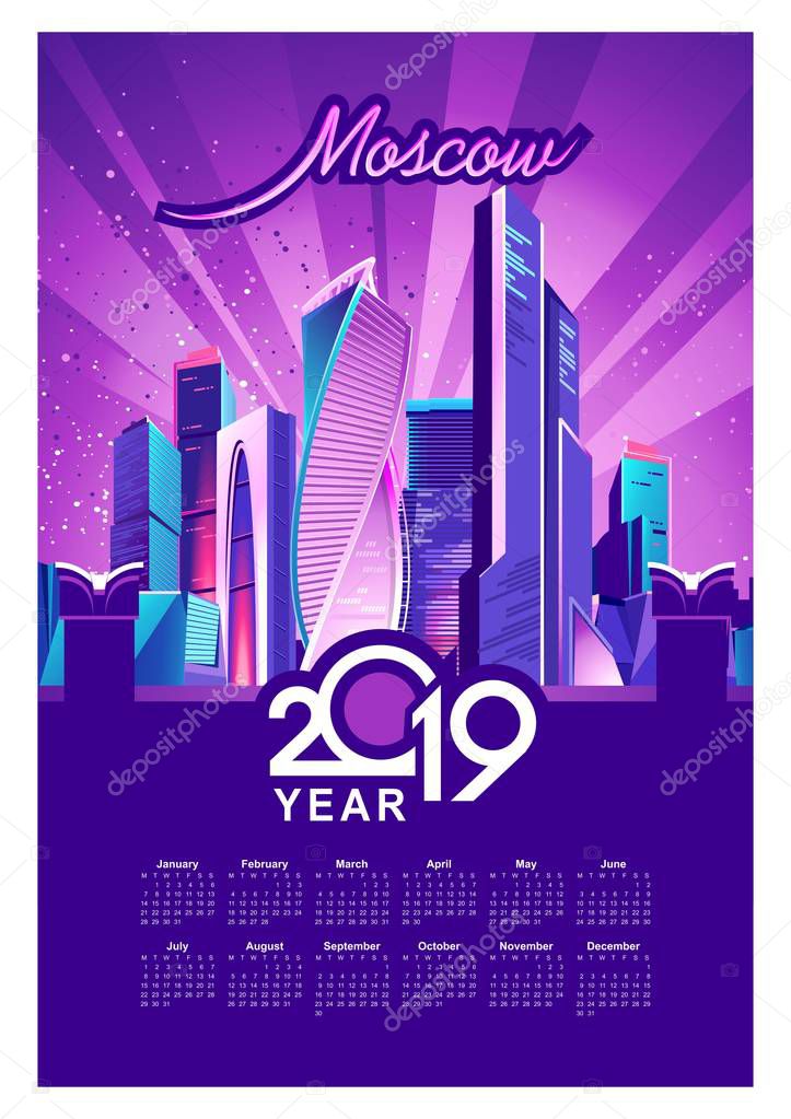 Vector illustration, vertical calendar 2019, night city illumination with neon lights Moscow Russia