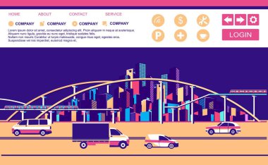 cityscape afiş otoyollardan ve araç şablonu bir açılış sayfası için hareket yolları ile vektör yatay kavramsal gösterimi