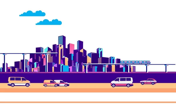 Векторная Горизонтальная Иллюстрация Промышленный Городской Пейзаж Мостами Дорог Движущихся Транспортных — стоковый вектор