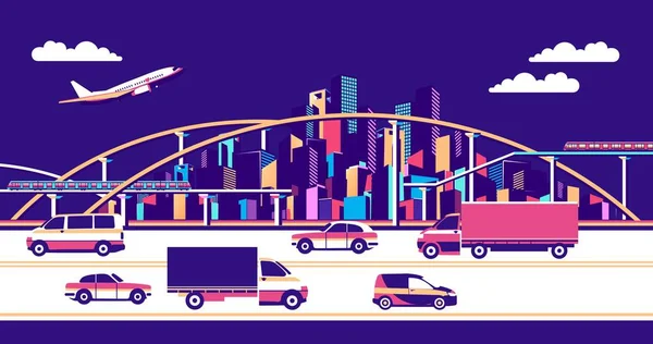 Vector Horizontal Illustration Industrial City Landscape Road Bridges Moving Vehicles — Stock Vector