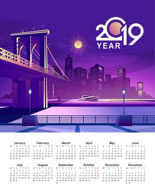 Vektör çizim, dikey takvim 2019, neon ışıkları Amerika New York tarafından aydınlatılmış gece şehir
