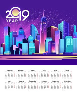 Vektör çizim, dikey takvim 2019, neon ışıkları Amerika New York tarafından aydınlatılmış gece şehir