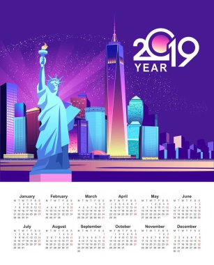 Vektör çizim, dikey takvim 2019, neon ışıkları Amerika New York tarafından aydınlatılmış gece şehir