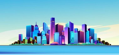 vektör çizim panorama büyük şehir kanal banka binaları gökdelenler cityscape üzerinde