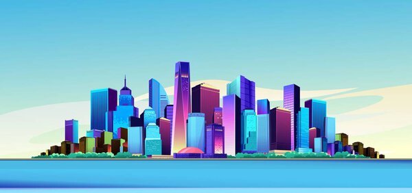 векторная иллюстрация панорама большого города на зданиях банков канала небоскребы городской пейзаж
