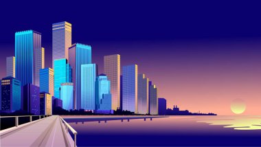 Neon ışıkları tarafından aydınlatılmış bir büyük gece şehir panoraması vektör Illustration. Modern binalar ve gökdelenler Waterfront, kentsel peyzaj