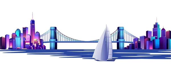 水平方向の図都市景観都市スカイライン白地に川に架かる大きな橋でつながっている都市の つの領域をベクトルします — ストックベクタ