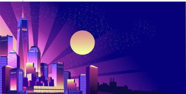 Gece, neon ışıkları ve ışık ışınları tarafından aydınlatılmış modern futuristik şehir. Cityscape. Afiş