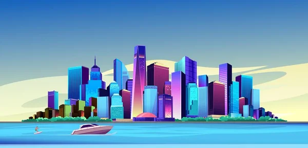 Векторная Иллюстрация Панорама Большого Города Зданиях Банков Канала Небоскребы Городской — стоковый вектор