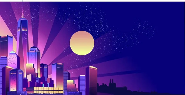 Moderní Futuristické Město Noci Osvětlené Neony Světla Panoráma Města Nápis — Stockový vektor