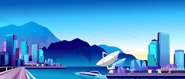 Векторная горизонтальная иллюстрация, прибрежный город, курорт. Высотные здания отеля для туристов и отдыха в красивых местах
,