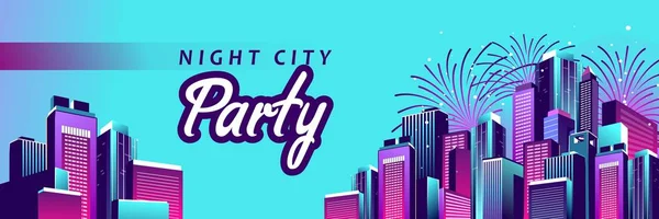 Festive Banner Vector Illustration Night City Highlighted Neon Lights Horizontal — Stock Vector