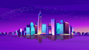 Neon ışıkları tarafından aydınlatılmış bir büyük gece şehir panoraması vektör Illustration. Modern binalar ve gökdelenler Waterfront, kentsel peyzaj