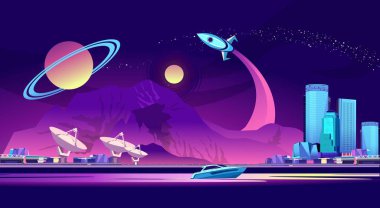 Vektör yatay çizim. Bilimsel uzay arka plan üzerinde temel Dağları, başka bir gezegen, Saturn sky, görülür uzay mekiği çıkartıyor