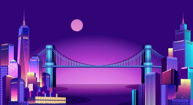 büyük bir köprü ek iş maruz şehrin iki ilçesinden bağlayan gece cityscape kanal aracılığıyla vektör yatay çizim geçer