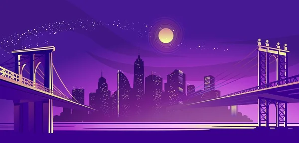 Vector Ilustración Horizontal Una Silueta Una Ciudad Niebla Nocturna Iluminada — Archivo Imágenes Vectoriales