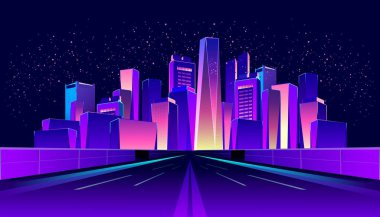 Vektör yatay çizim. Yol neon ışıkları tarafından aydınlatılmış gece şehre gidiyor. UV renkleri,