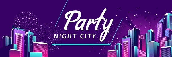 Festive Banner Vector Illustration Night City Highlighted Neon Lights Horizontal — Stock Vector