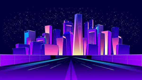 Vector Horizontal Illustration Road Going Night City Illuminated Neon Lights — Stock Vector