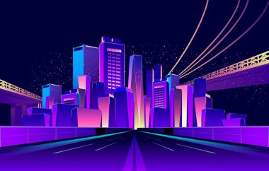 Vektör yatay çizim. Yol neon ışıkları tarafından aydınlatılmış gece şehre gidiyor. UV renkleri,