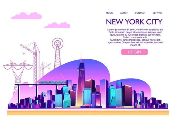 Vector Εικονογράφηση Web Banner Αμερικανική Νύχτα Πόλη Φωτίζονται Φώτα Νέον — Διανυσματικό Αρχείο