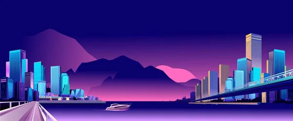 Векторная Горизонтальная Иллюстрация Пейзажа Ночного Города Разделенного Рекой Воды Двух — стоковый вектор