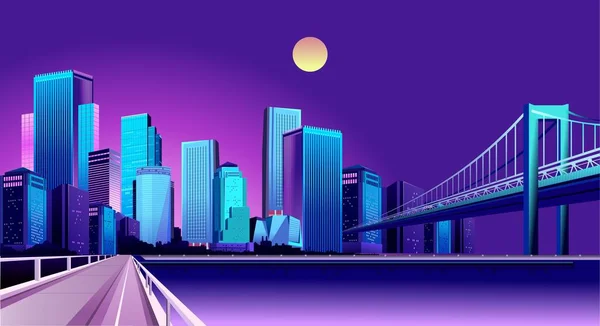 Векторная Горизонтальная Иллюстрация Ночного Футуристического Городского Пейзажа Берегу Водохранилища Мостовыми — стоковый вектор