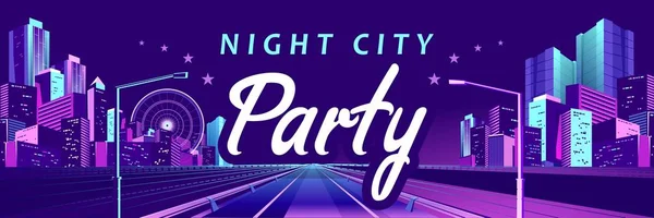 Festive Banner Vector Illustration Night City Highlighted Neon Lights Horizontal — Stock Vector