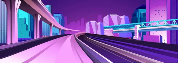 向量例证 夜城大厦摩天大楼大铁路桥与通过地铁火车和支架 在紫外线颜色 城市摩天大楼 概念横幅 — 图库矢量图片