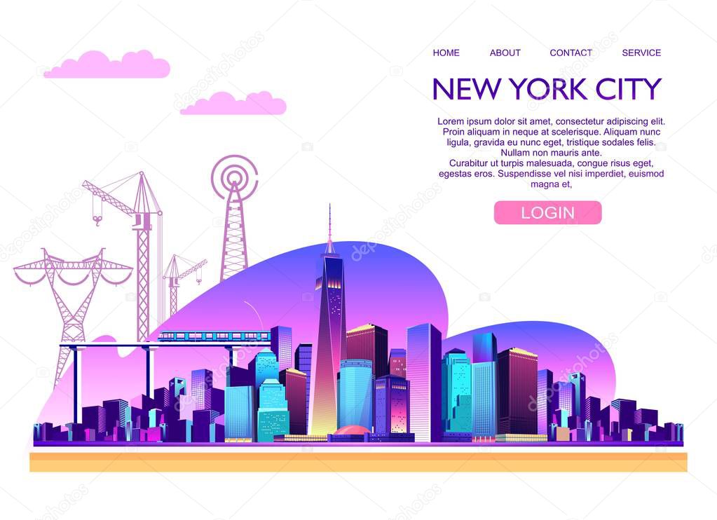 vector illustration web banner american night city illuminated with neon lights in the zero your text for the landing page and buttons for entering, Site header