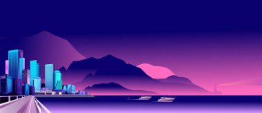 vektör yatay gece şehir manzarası resmi ışıkları ve batan güneş tarafından aydınlatılmış sahil üzerinde airships su üstünde gökyüzünde uçmak