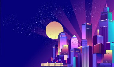 Gece, neon ışıkları ve ışık ışınları tarafından aydınlatılmış modern futuristik şehir. Cityscape. Afiş