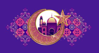 ramazan tatil için bir yıldız hilal bir arka plan üzerinde Arap Camii vektör yatay çizim