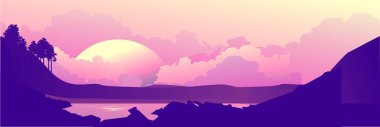 Uzak bir dağ orman bir kurgusal gece manzarada bir yabani hayvanlar ve bitkiler günbatımı illüstrasyon vektör bir su birikintisi yaz gündoğumu