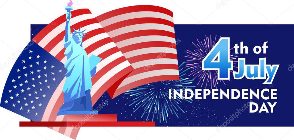 Vector horizontal illustration for the holiday of Independence Day of America. Banner with national attributes and symbols of the flag and the statue of liberty