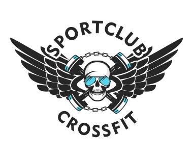 crossfit insan kafatası spor araçları ile bir spor takımının acımasız amblemi vektör Illustration. Beyaz arka plan